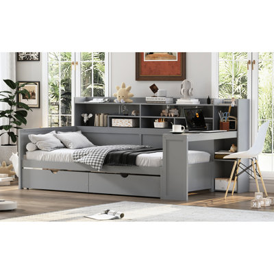 Twin Size Gray Wood Daybed With Storage Shelf Setup, Two Drawers And A Study Desk For Bedroom Efficiency Maximization - Sized Wooden Side Facilities, Foot End Place Productivity Increase