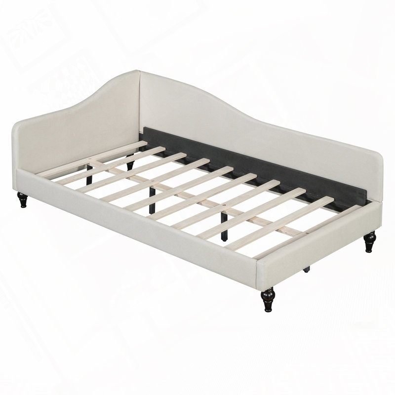 L-Shaped Linen Daybed, with Solid Wood Legs, Beige, Twin