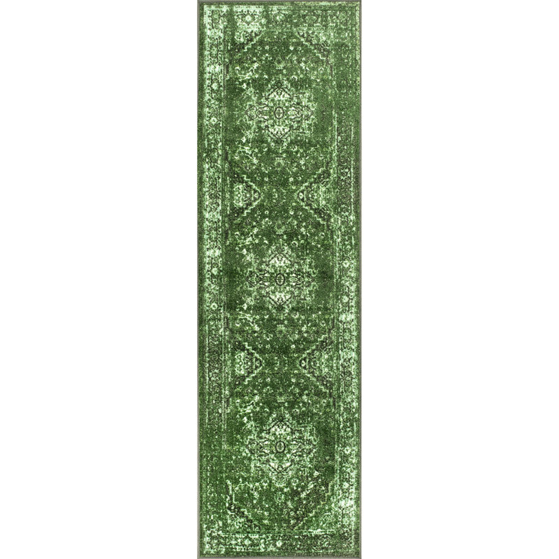 Tapis performance vert tissé à la machine à motif oriental Bowning, Tapis de couloir 2 pi 6 po x 8 pi 6 po