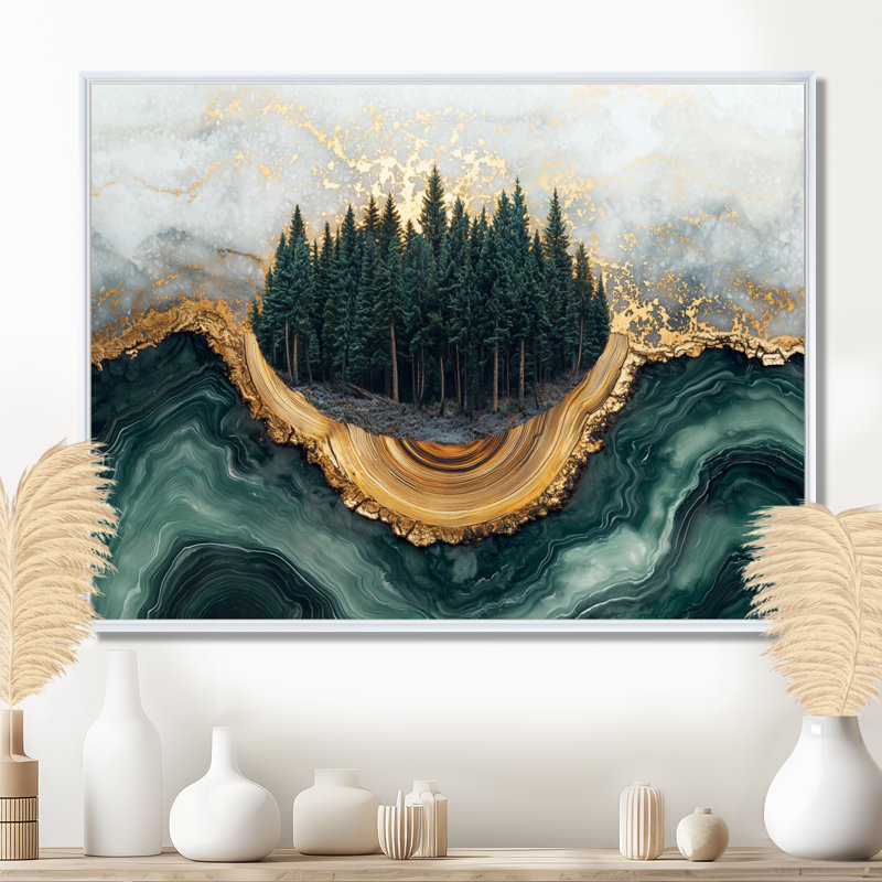 Paysage de forêt de pins sur l'horizon émeraude II - forêt, art mural, H 34 po x l 44 po, Floater Framed, Blanc