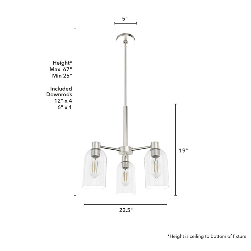 Hunter Lochemeade Brushed Nickel 3 Light Chandelier Ceiling Light Fixture, Brushed Nickel, Clear