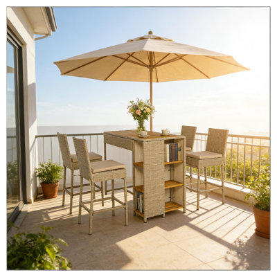 5-Piece Outdoor High Top Bar Set with Acacia Wood Table, Wicker Barstools, and Side Storage Shelves, Beige and Brown