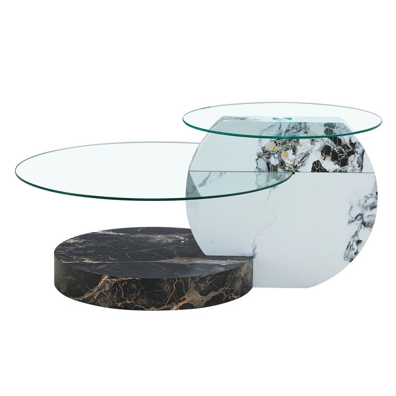 table basse autocollante double couche, table ronde moderne à deux niveaux, plateau de table en verre et pieds en bois aggloméré
