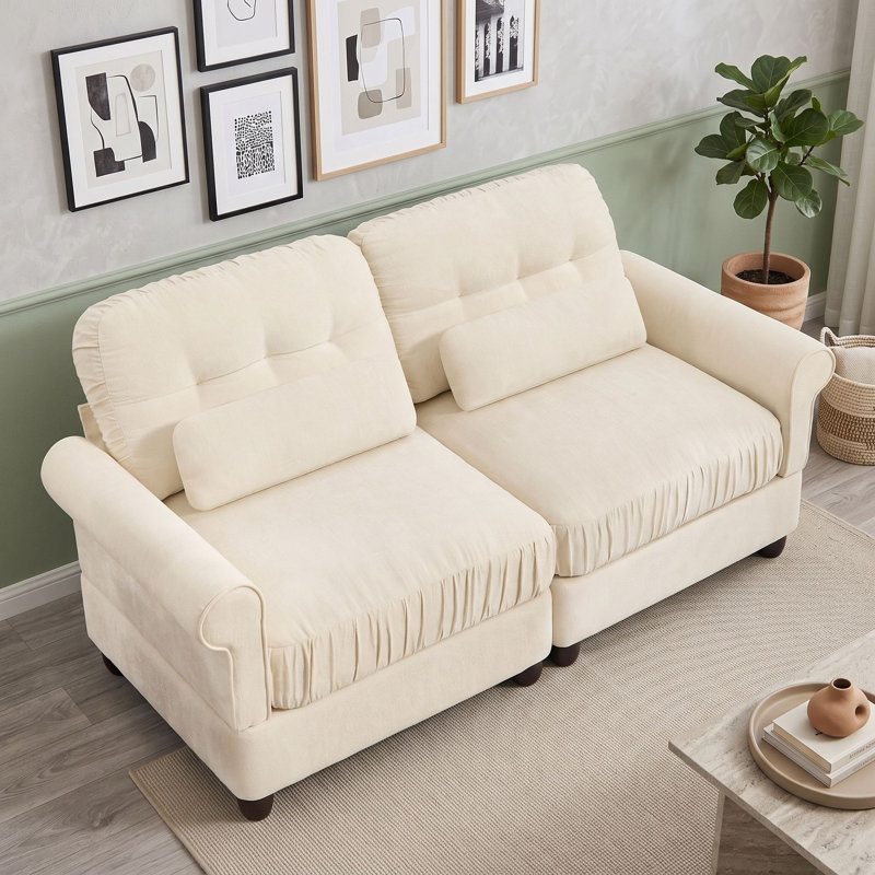 Canapé 2 places avec coussin d'assise et coussins de soutien lombaire, Beige