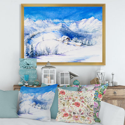 Paysage de montagne d'hiver avec maison en bois - peinture sur toile