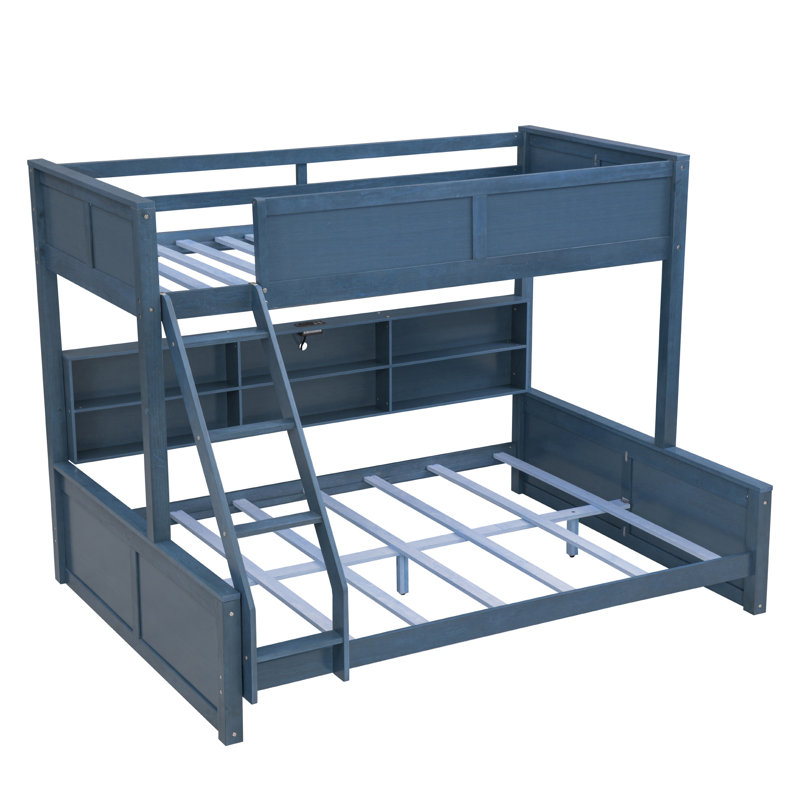 Lit superposé double au-dessus de grand lit double en bois massif avec tablettes, Bleu