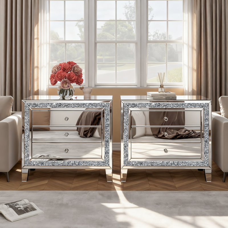 Amla 33" Mirrored Glass Nightstand （Set of 2）