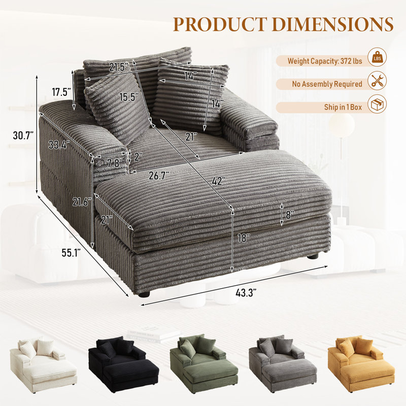 Oversized Cozy Chaise Lounge Chair Indoor with Ottoman,43.3" W Corduroy Upholstered Comfy Sofa, Modern Fluffy Deep Seat Couch, Leisure Sleeper Sofa Reading Armchair for Living Room, Bedroom, Office