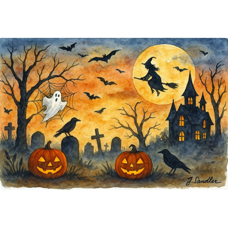 Art mural sur toile Haunted Graveyard with Witch and Pumpkins
