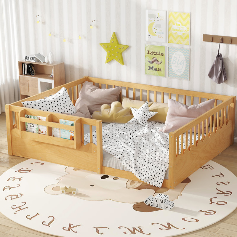 Taquile Kids Wood Floor Bed with Fence & Built-In Bookshelf, Natural, Queen