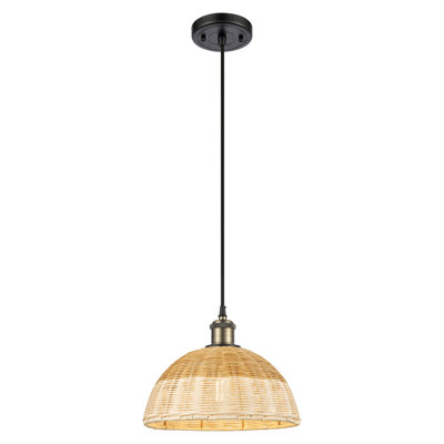 Mini luminaire suspendu à cordon 1 lumière 12 po Ballston - Bristol Natural II - finition laiton antique noir - abat-jour naturel