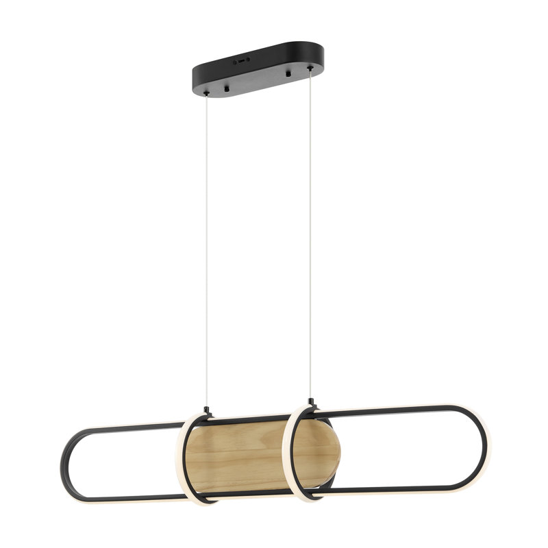 Lustre rond arrondi noir satiné et bois