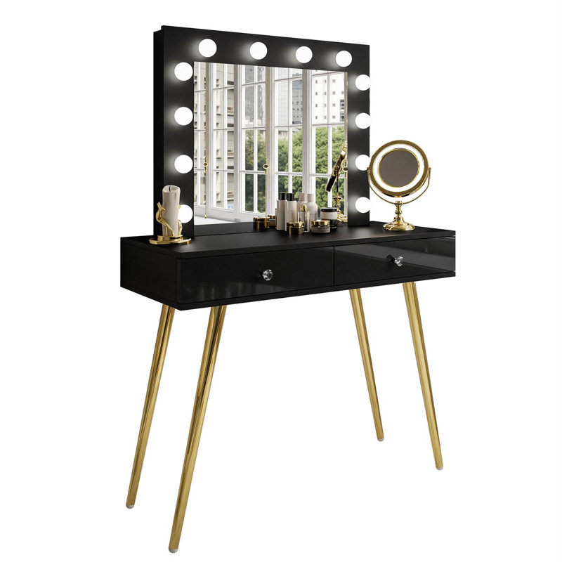 Antonius Dressing Table with Mirror, Gold Chrome/Black