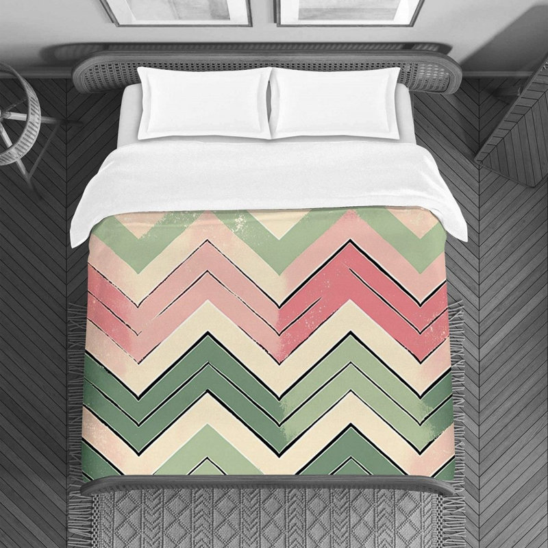 Housse de couette à motif de chevrons vert / rose, Housse de couette pour très grand lit