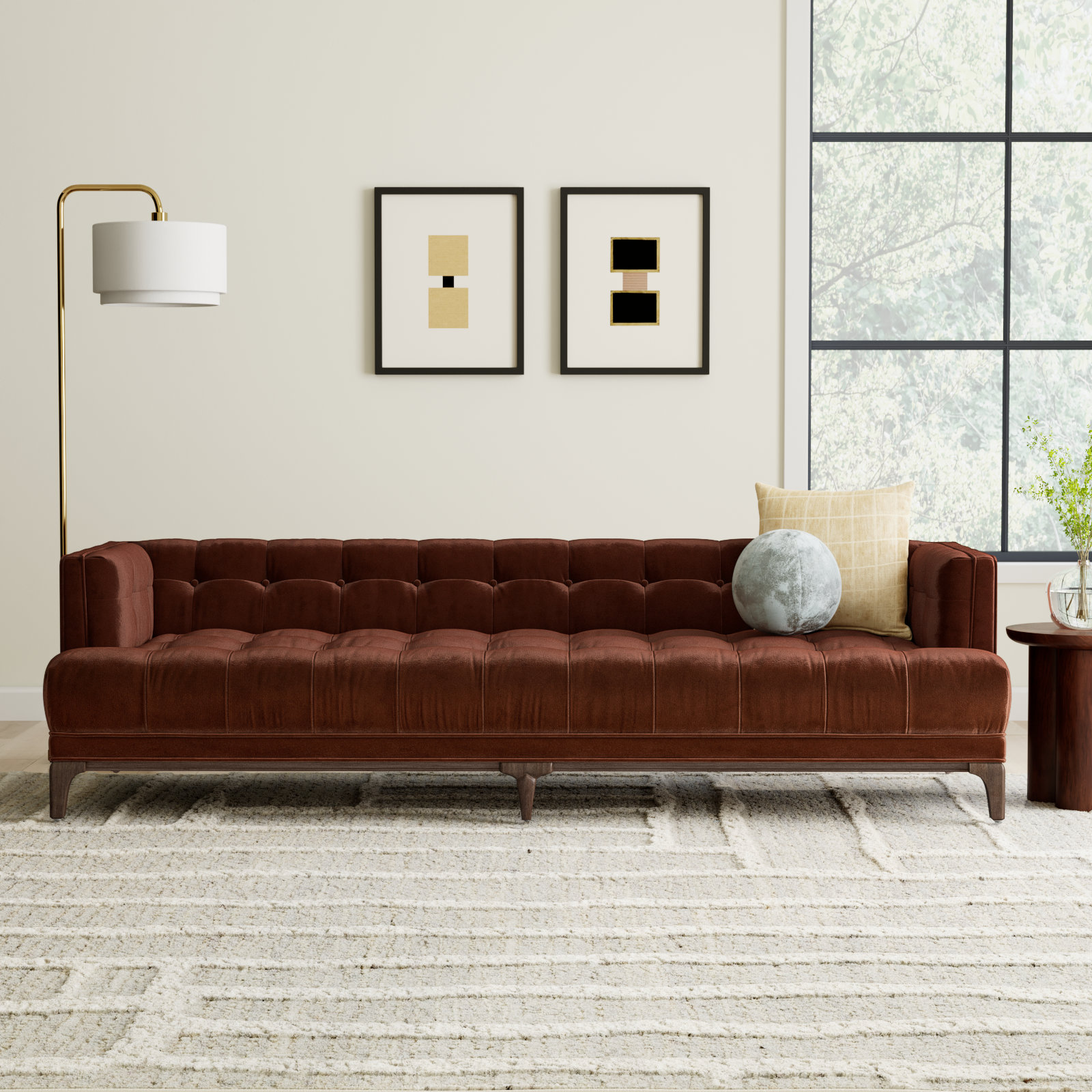 Bari 91'' Tufted Tuxedo Sofa, Surrey Auburn Velvet, Sienna Brown