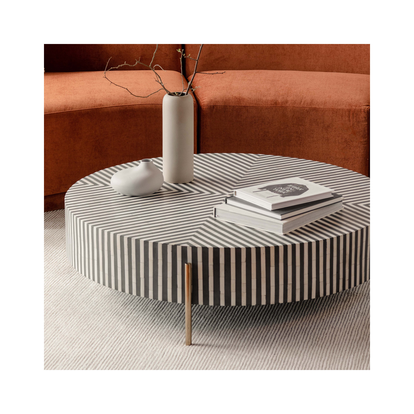 Bron Round Bone Inlay Coffee Table, 12" H x 36" L x 36" W