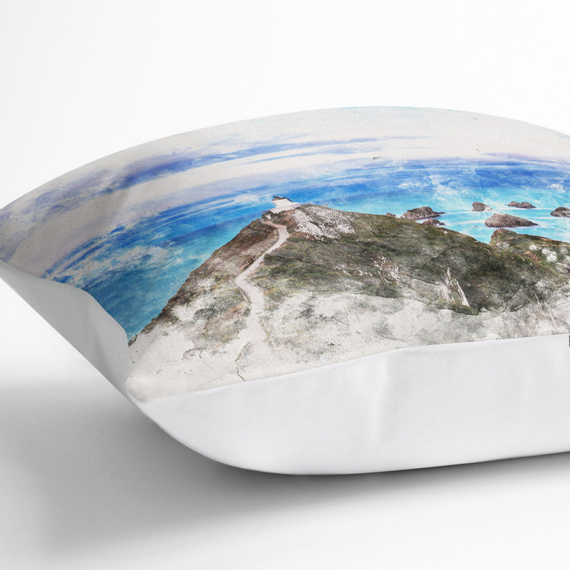 Lighthouse and Seascape New Zealand Watercolour Cushion with Filling, 55cm H x 55cm W x 20cm D, White