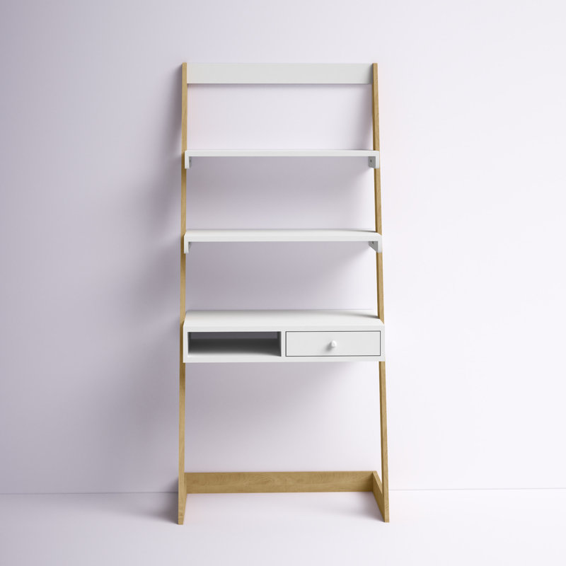 Bureau autoportant en bois massif Burrier, Blanc/naturel