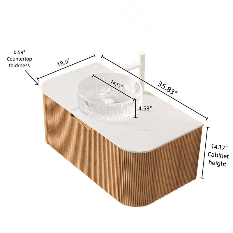 Meuble-lavabo de salle de bain 36 po avec lavabo en cristal transparent de couleur naturelle, lavabo rond à fermeture en douceur, tiroir, système, grand espace de rangement