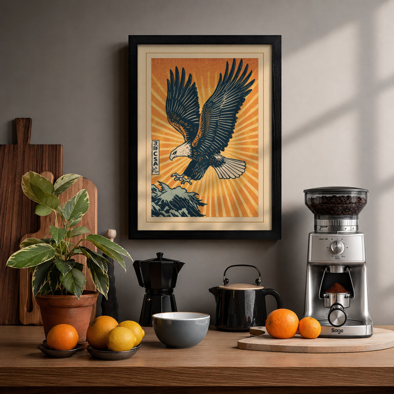 Black Eagle In Sunburst Japandi - Print, A1 - 84.1 x 59.4 cm, Black