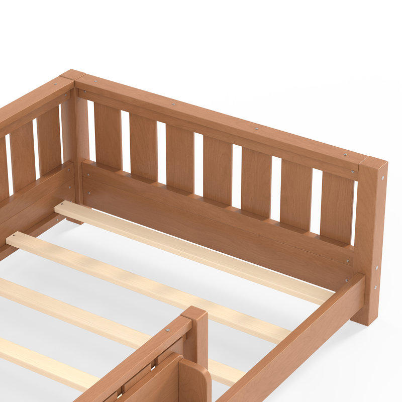 Twin Floor Bed With Slats And Safety Guardrail, Twin Size Montessori Floor Bed With Fence And Built-in Bookshelf, Easy Assemble Montessori Beds For Kids, Girls, Boys,natural