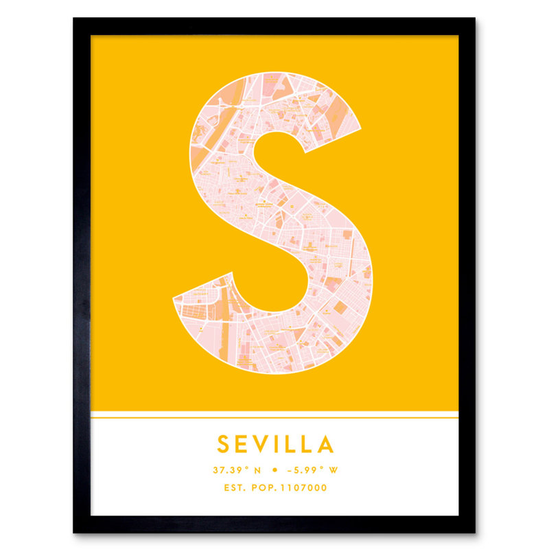 Seville City Map Seville Yellow - Single Picture Frame Print