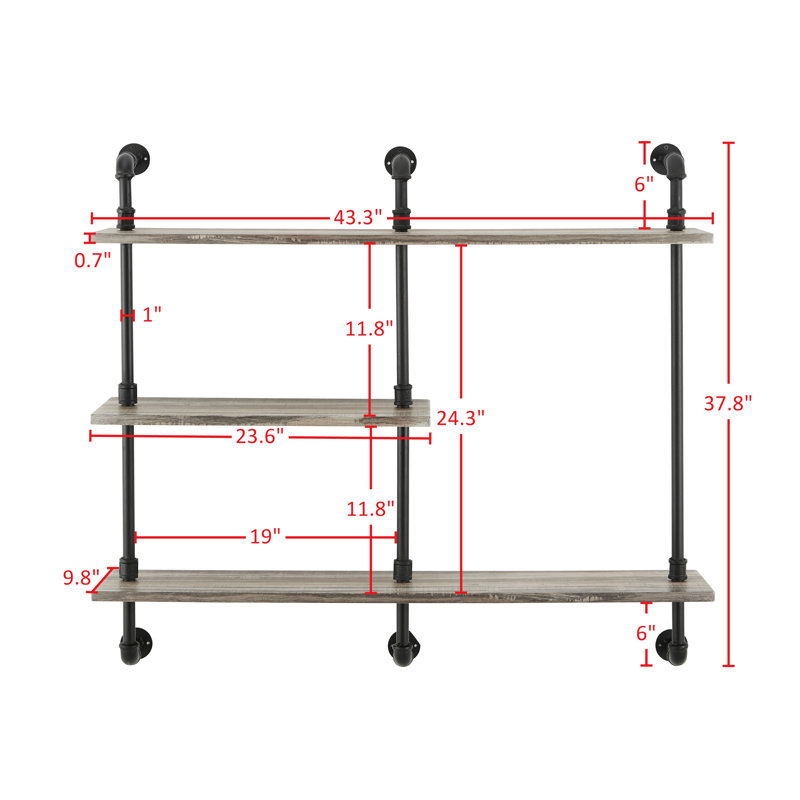 Aurora Rustic Black Iron and Wood 3-Tier Wall Shelf