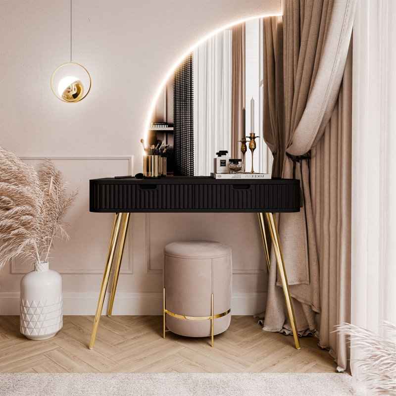 -QS dressing table with LED mirror, Black/Gold