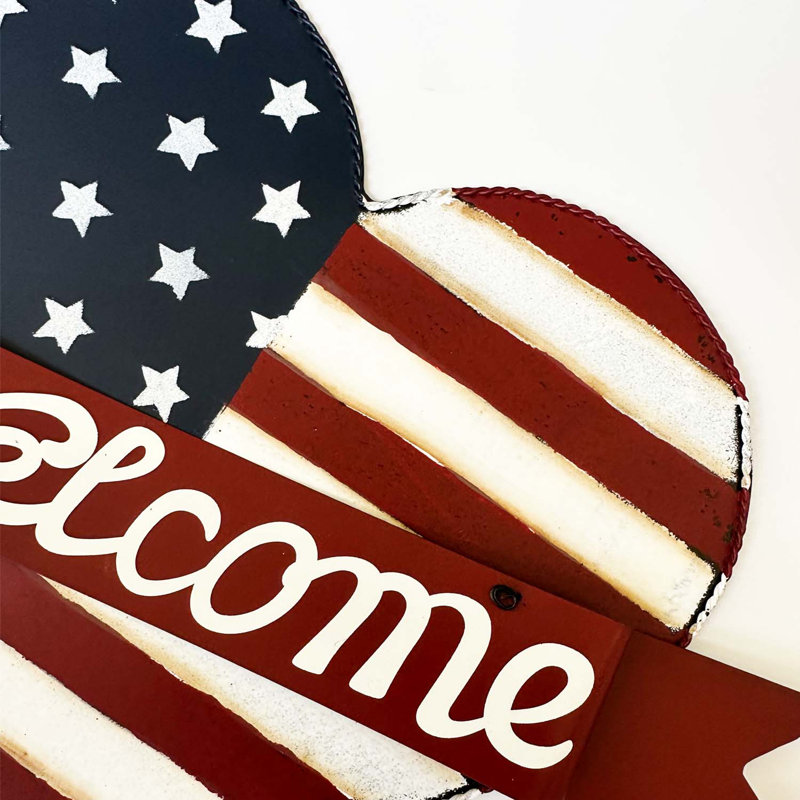 American Flag Heart Welcome Sign, Metal Garden Stake, Patriotic Yard Decor, 22.5" X 16