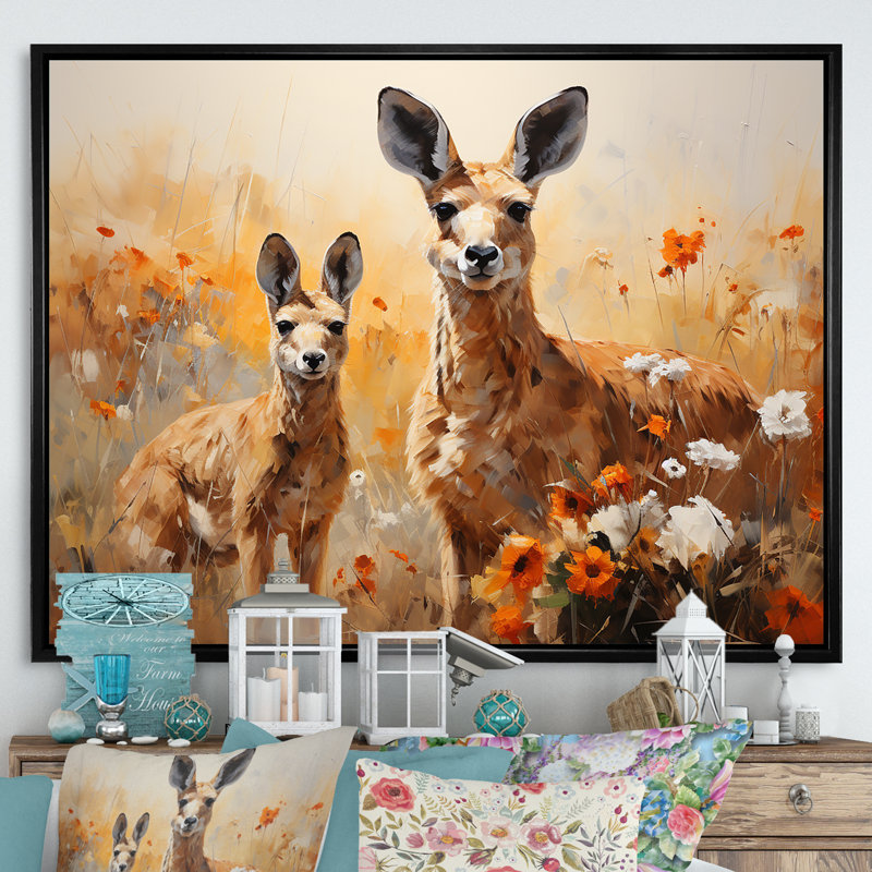 «Kangaroo Golden Blooms Outback» sur toile, Cadre flottant noir, H 12 po x l 20 po x P 1 po