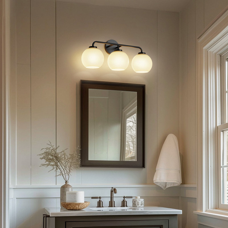Cantara Modern Black 3-Light Vanity Fixture With Milk White Globe Glass Shades