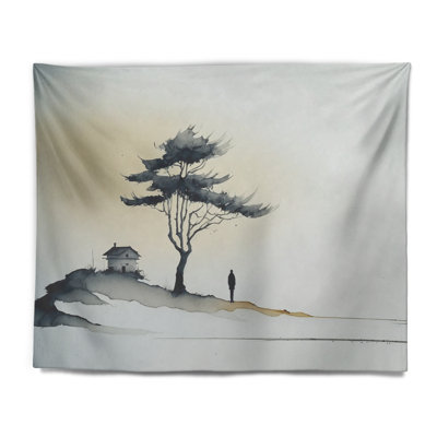 Solitude Watercolor Man In The Autumn Woods II Polyester Tapestry
