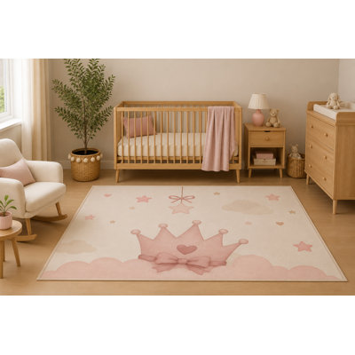 Tapis ultra-léger 152 x 213 cm rose à motif couronne de princesse, idéal pour la chambre ou la salle de jeux d'une petite fille. Dos en silicone antidérapant.