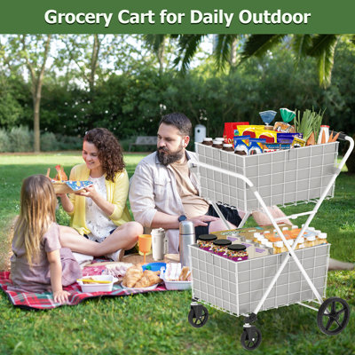 Extra Jumbo Shopping Cart,2 Layers Grocery Cart on Wheels, Foldable Utility Carts with Double Basket and 360° Rolling Swivel Wheels for Groceries Laun