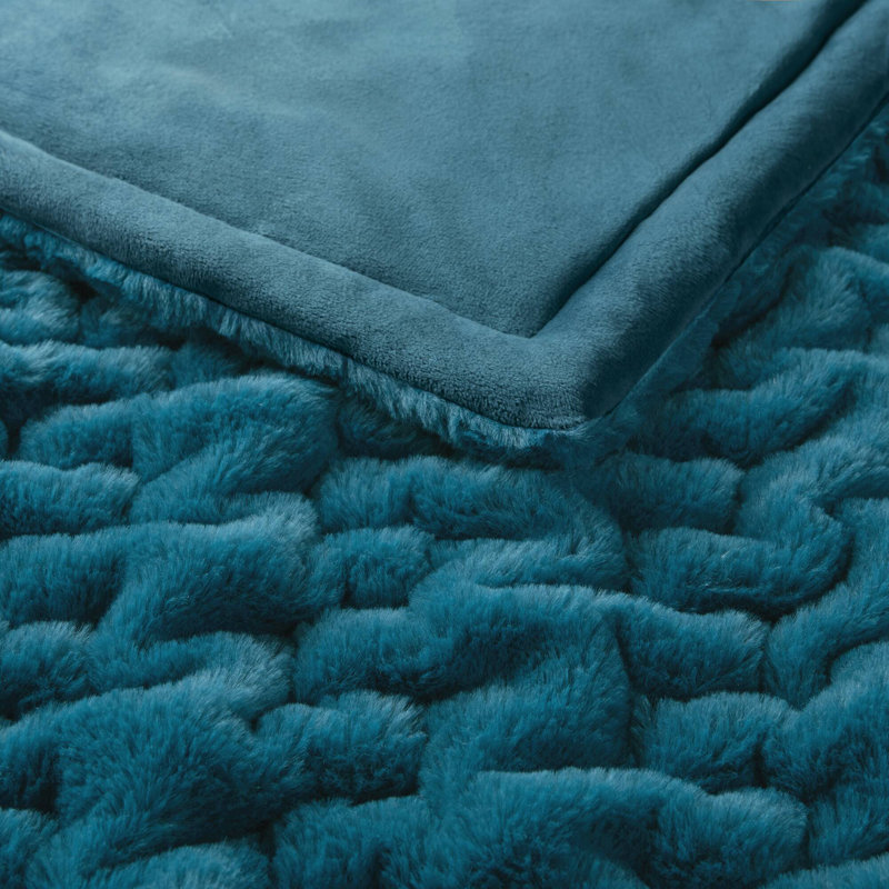 Plaid réversible en fausse fourrure froncée unie bleu sarcelle 50 x 60 po, Bleu sarcelle