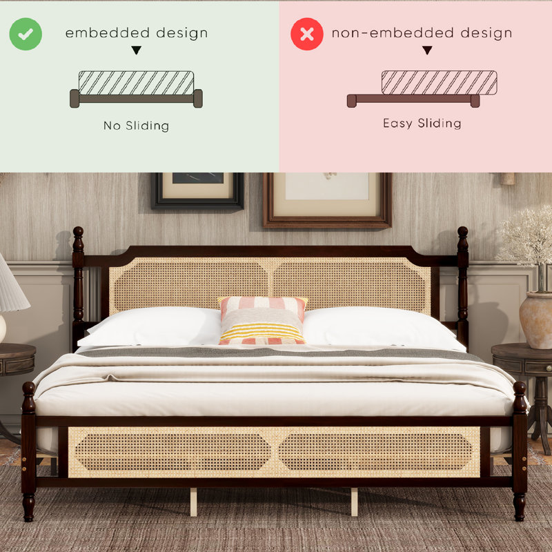 Structure de lit plateforme en bois massif avec tête et pied de lit en rotin, Très grand, Espresso