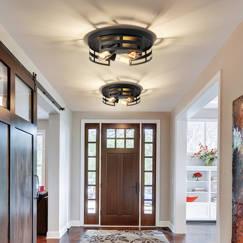2-Pack 12.6" 3-Light Black Industrial Flush Mount Ceiling Light, Farmhouse Cage Fixture for Kitchen, Hallway & Entryway