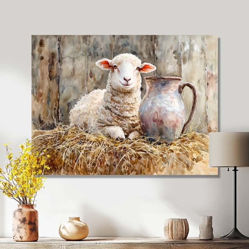 Douwine Baby Sheep Portrait at The Barn I - Sheep, art mural, H 12 po x l 20 po, Toile tendue, Ne s’applique pas