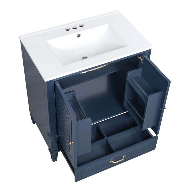 Meuble-lavabo avec lavabo en céramique, armoire en bois massif et MDF, porte à fermeture amortie, tablette réglable et séparateur de tiroir amovible.