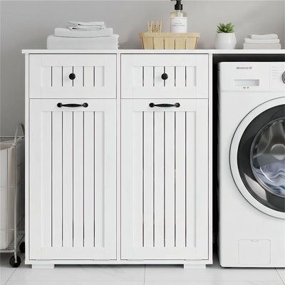 Armoire à linge double, panier à linge en bois pour salle de bain inclinable