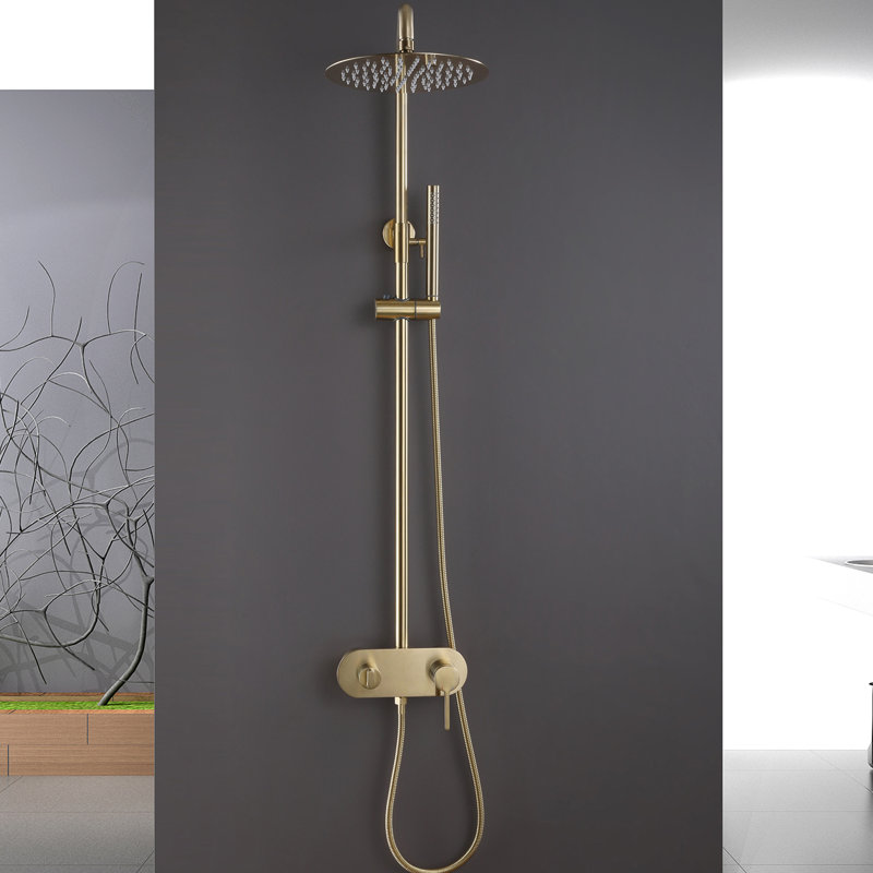 Système de douche 10 "à tuyau exposé avec bec de baignoire, ensemble de douche en laiton massif avec valve brute, Or brossé