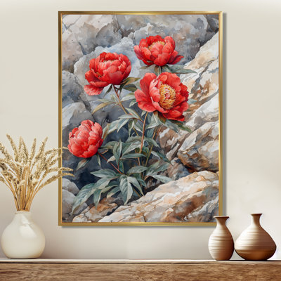 Pivoines par l'affleurement rocheux III - Pivoines, reproductions encadrées