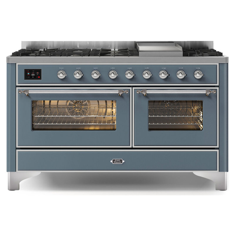 ILVE Majestic II Series 60 inch Dual Fuel Range with 9 Burners, Griddle (Glass Door), Liquid Propane, Blue Gray/Chrome