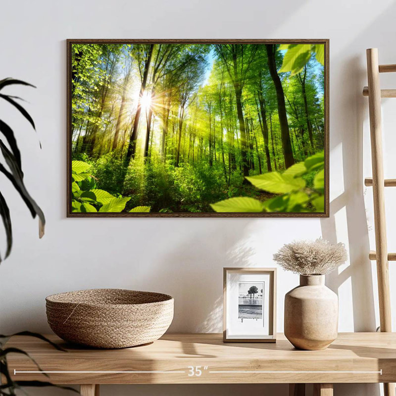 Forêt ensoleillée, 25 po x 17 po, Cadre flottant noyer
