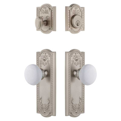 Grandeur Parthenon Long Plate Entry Set with Hyde Park Knob in Satin Nickel