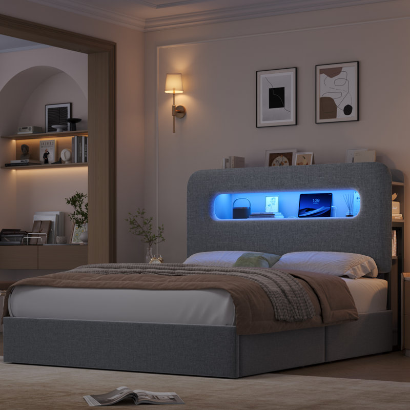 Upholstered Bed Frame, Storage Bed with LED and Charging Station, Queen, Grey