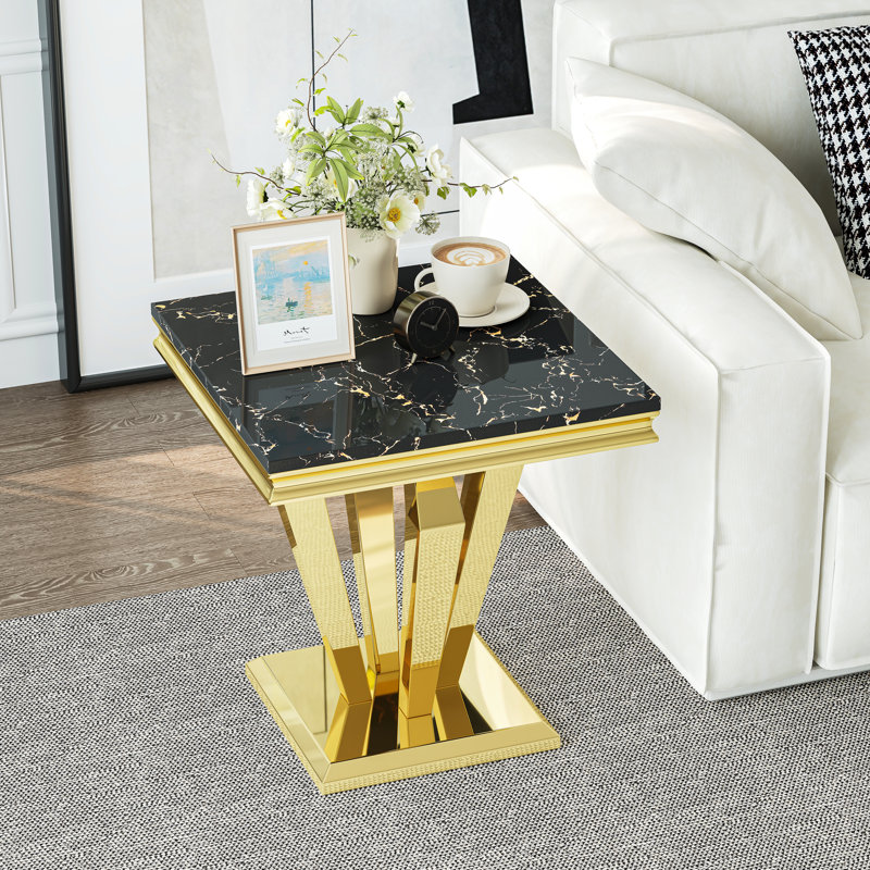 Table de bout 22,8 po avec plateau en faux marbre et structure en acier inoxydable, Plateau noir / base or