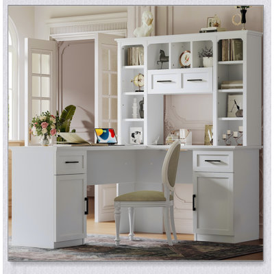 L-Shaped Computer Desk with 2 Cabinets, 2 Drawers, 11 Open Shelves, 1 Right Flip Shelf, and Power Outlet for Study and Office