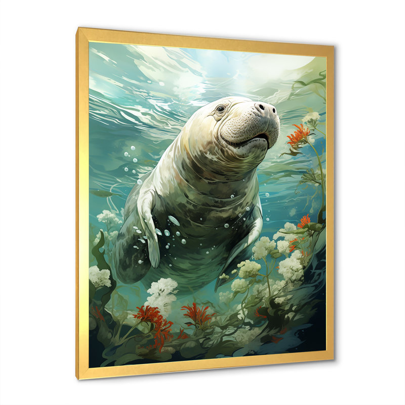 «Green Manatee Grace 1» - art mural animaux côtiers, Cadre photo noir, H 40 po x l 30 po