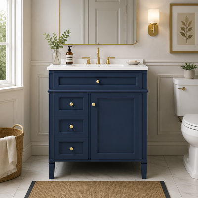 Ensemble de meuble-lavabo simple 30 po avec lavabo rectangulaire en céramique, panneau de fibres à densité moyenne et bois d'hévéa massif, 2 tiroirs, tiroir coulissant, organisateur de porte d'armoire et tablettes réglables